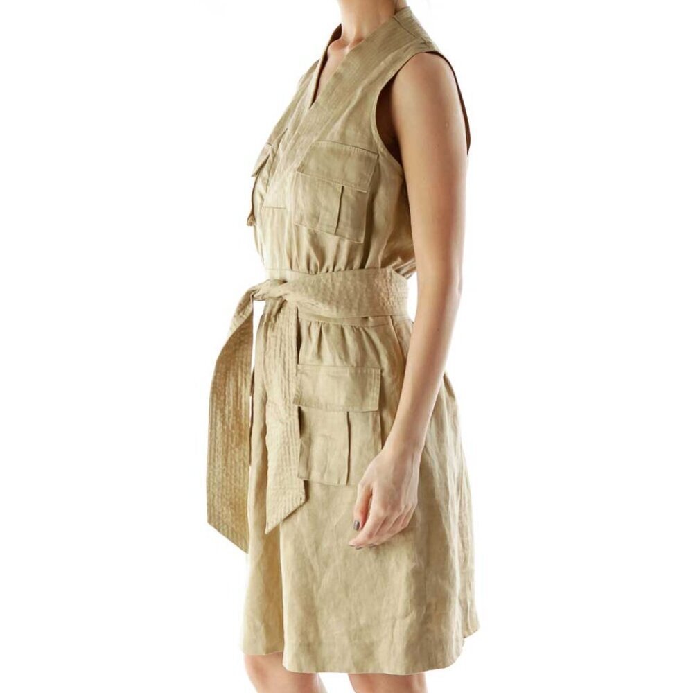 Laundry Beige Metallic Linen Day Dress With Sash - Picture 2 of 3